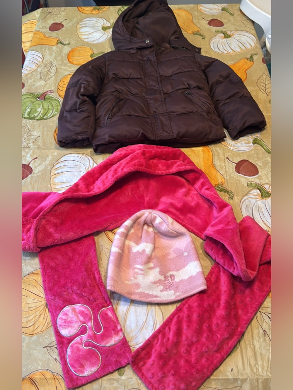 Joe Fresh Kids Brown Puffer Jacket & Pink Scarf Set Size 4T Girls